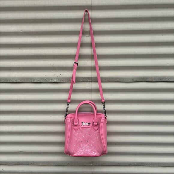 Juicy Couture Pink Embossed Heart Satchel Crossbody Bag Handbag Embellished Y2K - Picture 10 of 16